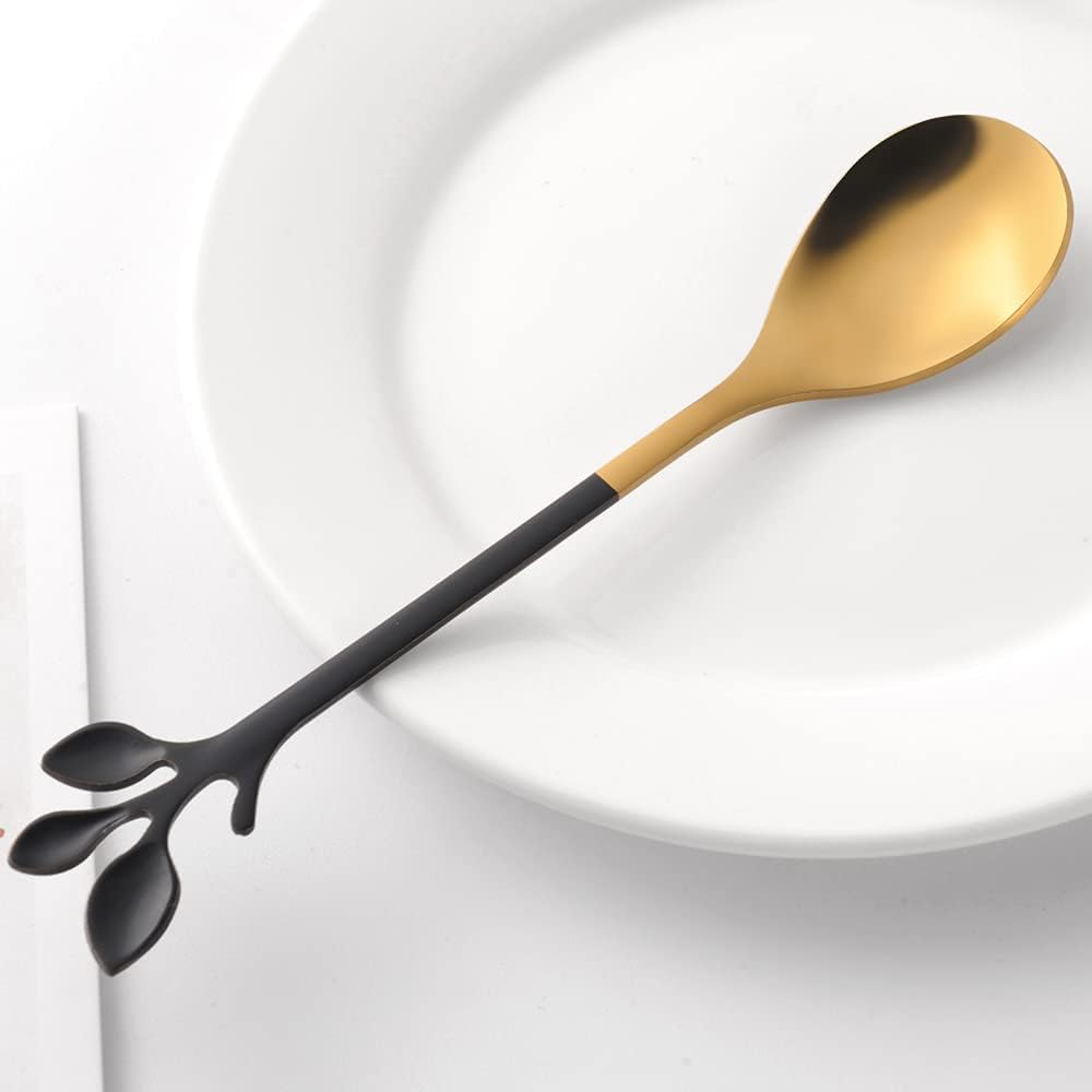 AnSaw Elegant Black & Gold Leaf Espresso Spoons - 10-Piece, 4.7" Mini Stainless Steel Coffee & Dessert Tea Spoons, Perfect for Demitasse & Small Servings