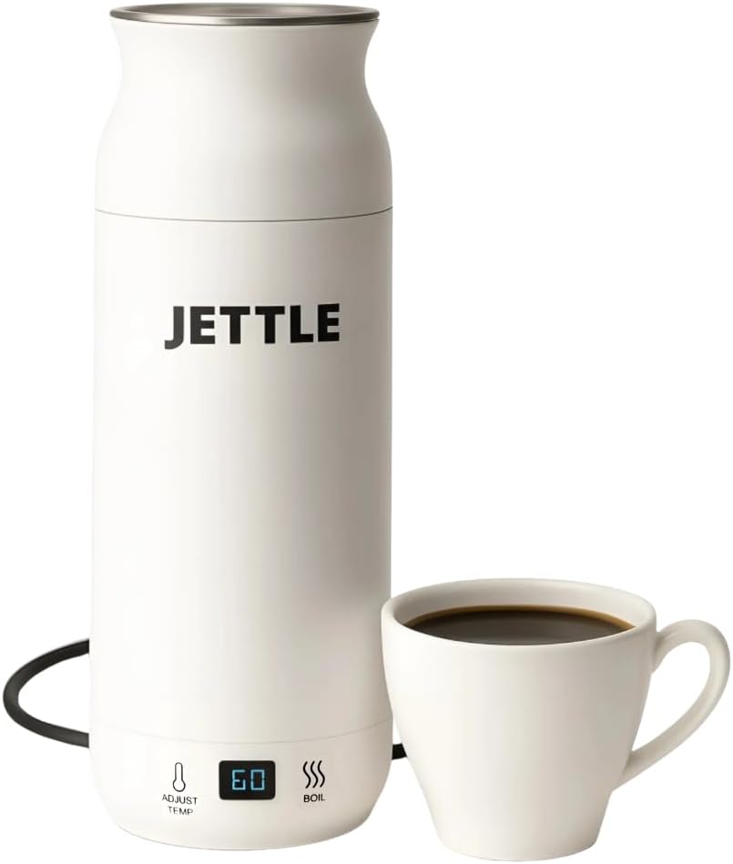 Jettle Portable Electric Kettle, 450ml Travel Water Boiler with LED, White | 304 stainless steel interior, 12 temperature settings, auto shut-off, dry-boil protection, ideal for coffee, tea and travel