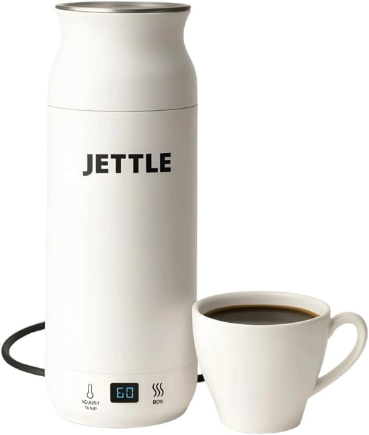 Jettle Portable Electric Kettle, 450ml Travel Water Boiler with LED, White | 304 stainless steel interior, 12 temperature settings, auto shut-off, dry-boil protection, ideal for coffee, tea and travel