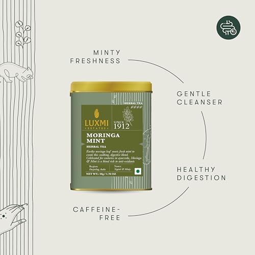 Luxmi Estates Moringa Mint Tea, Loose Leaf, 50g (1.76oz, ~25 Cups), Moringa Oleifera Leaf with Spearmint - Caffeine-Free Herbal Superfood Infusion, Vegan &amp; Non-GMO