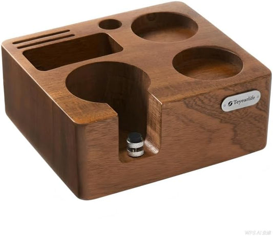Tamping Station for 51/54mm Portafilters Solid Wood Espresso Accessories 7-Slot Organizer with Anti-Slip Base &amp; Adjustable height