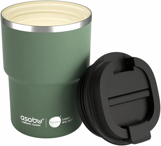 asobu Travel Mug Ceramic Coated Stainless Steel Insulated with Leak and Spill Proof Lid – Fits Standard Cup Holders 12 oz Tumbler (Basil Green)