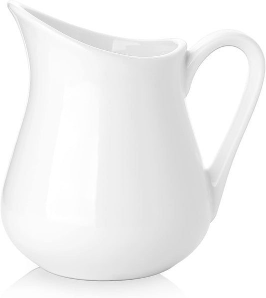 Nucookery 12 Oz Ceramic Creamer with Handle, White Coffee Milk Pitcher, Porcelain Creamer Container Holder For Sauces Salad