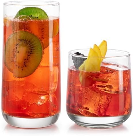 Libbey Ascent Tumbler &amp; Rocks Drinking Glasses Set of 16, Clear Glass Cups | 16.25 oz &amp; 12.25 oz Capacities Glasses for Water, Juice, Cocktails, and More with Curved Design and Dishwasher-Safe Care