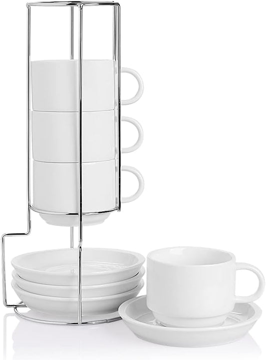 Sweejar Porcelain Cappuccino Cups with Saucers and Metal Stand, 8 Ounce Stackable Espresso Cups for Specialty Coffee Drinks,