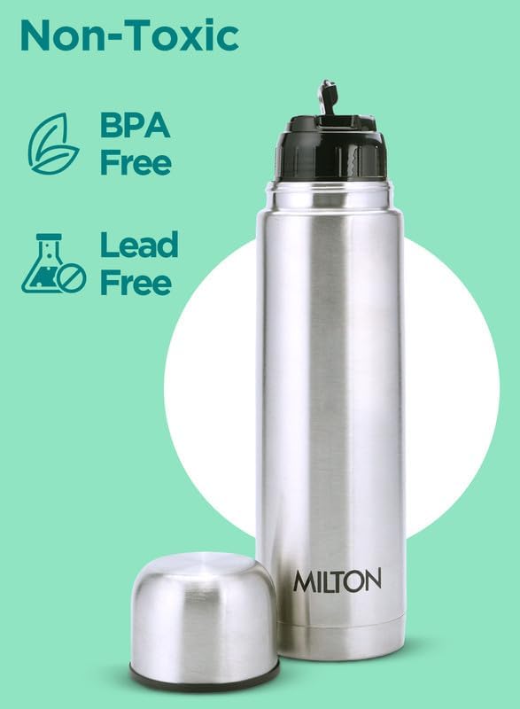 Milton Flask 16 oz Insulated Water Bottle with Cover, Flip Lid, Thermosteel | Stainless Steel, Double Wall Vacuum Insulation, Keeps Drinks Hot &amp; Cold up to 24 Hours, Leak Proof, Silver