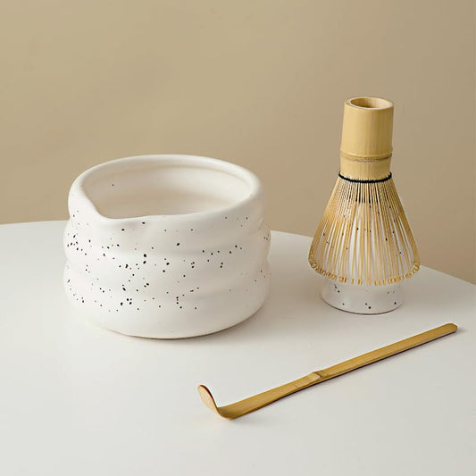 7-piece matcha kit includes matcha bowl. white speckled matcha tea set with bamboo whisk -, sifter, scoop, stainless steel filter, tea caddy, cloth &amp; gift box - for matcha green (4)