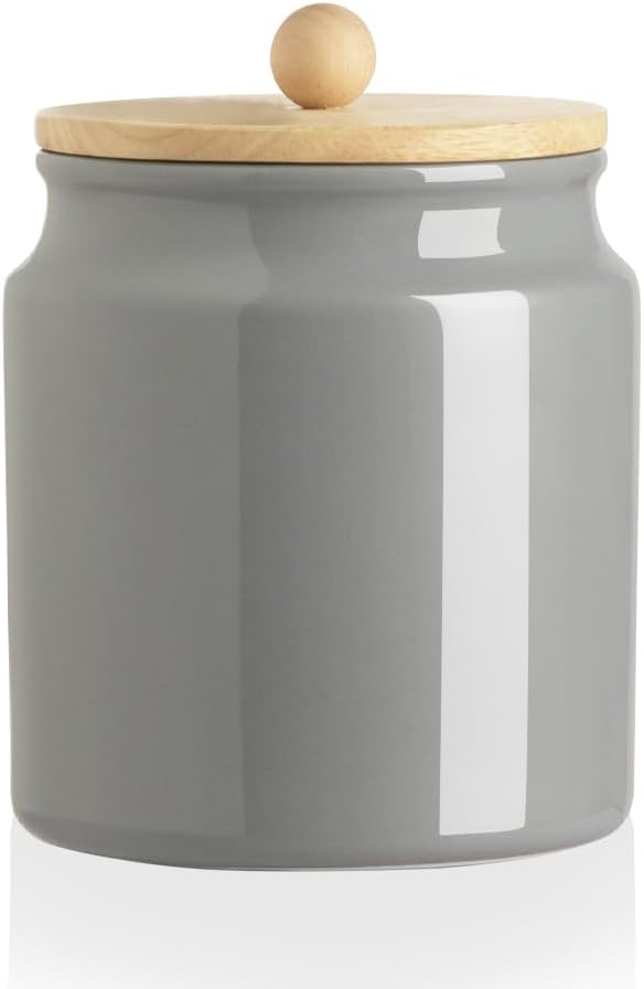 Sweejar Ceramic Kitchen Canisters, 28 FLOZ Porcelain Food Storage Jar with Airtight Seal Wooden Lid, Home Container Serving for Coffee Beans, Tea-leave, Sugar, Salt and More, Tool Bucket (Gray)