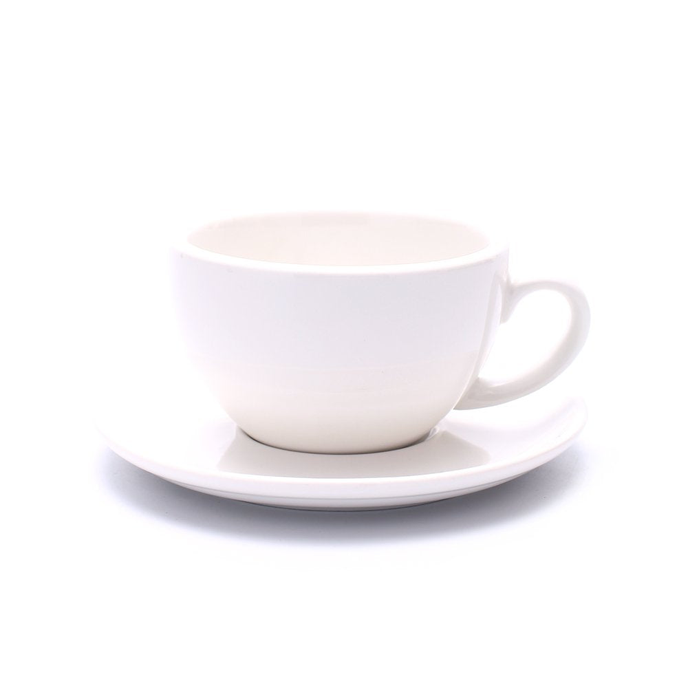 Latte Art Ceramic Cup and Saucer Cappuccino Fine Porcelain, Mate for Coffee Shop and Barista (Glossy White, 10.5 oz)