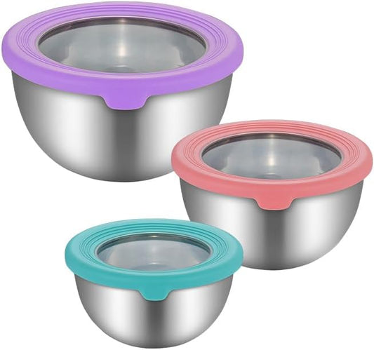Mixing Bowl Set with Lids 3 Pieces Stainless Steel Mixing Bowl Nesting Metal Bowl Set for Cooking Baking Prepping & Food