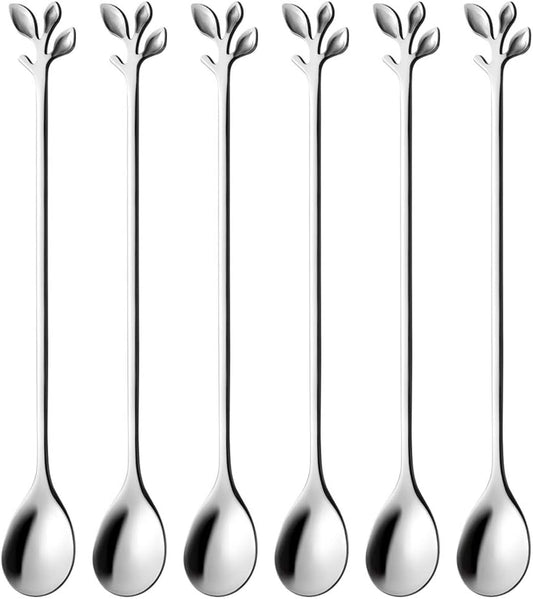 AnSaw 6-Piece Elegant Silver Leaf Long Handle Teaspoons - 7.4" Stainless Steel Stir Spoons for Coffee & Tea, Perfect for
