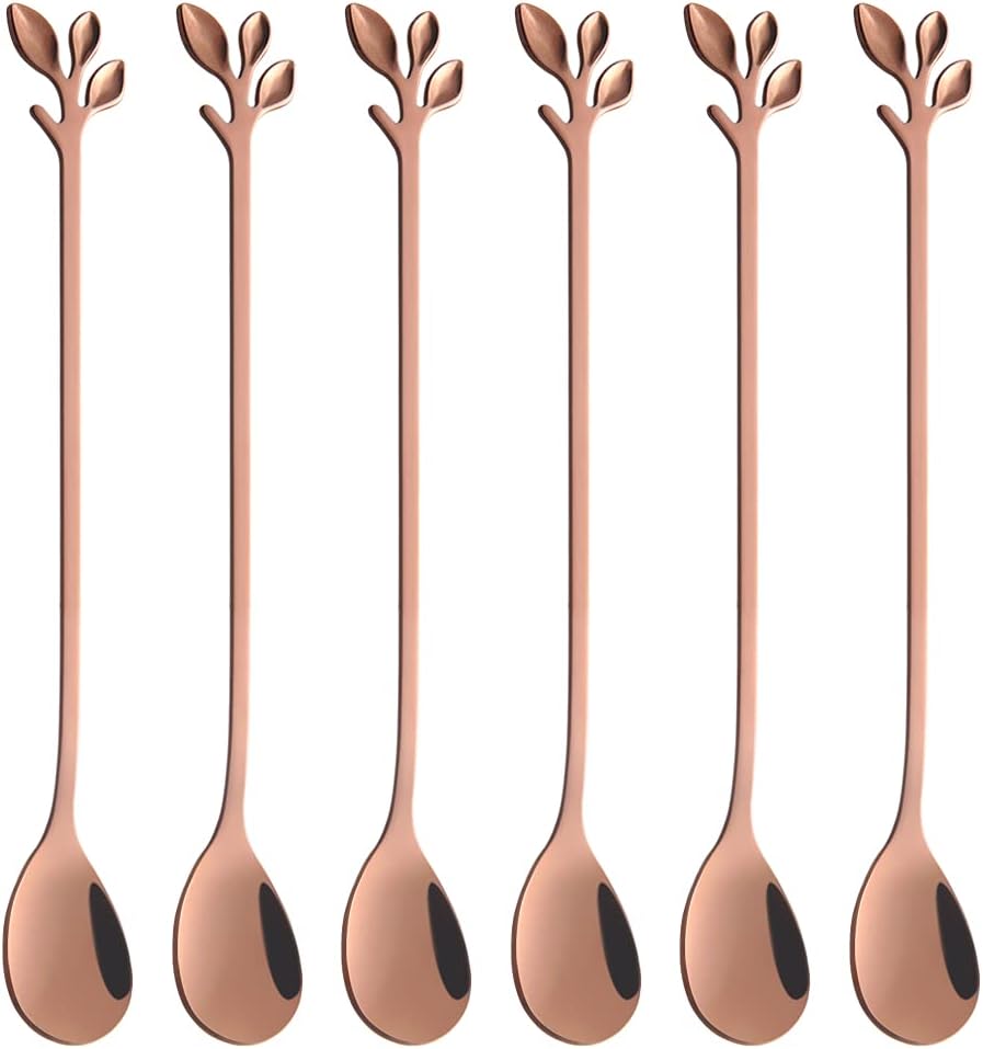 AnSaw 6-Piece Elegant Rose Gold Leaf Long Handle Teaspoons - 7.4" Stainless Steel Stir Spoons for Co