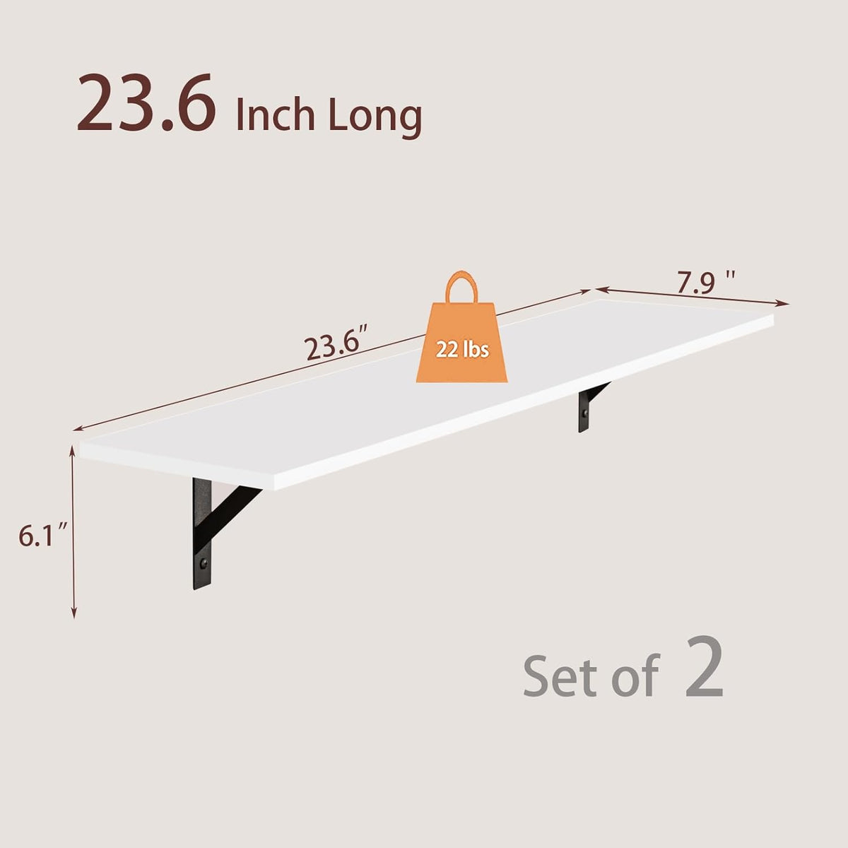 DINZI LVJ Wall Shelves, 23.6" Long Floating Shelves with Metal Brackets