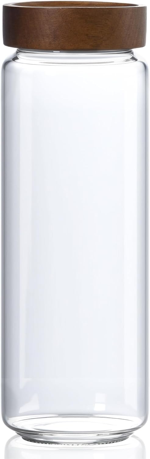 40 oz/1200 ml Glass Jar with Airtight Wooden Screw Top Lid, Clear Stackable Food Storage Canister, Large Tall Decorative