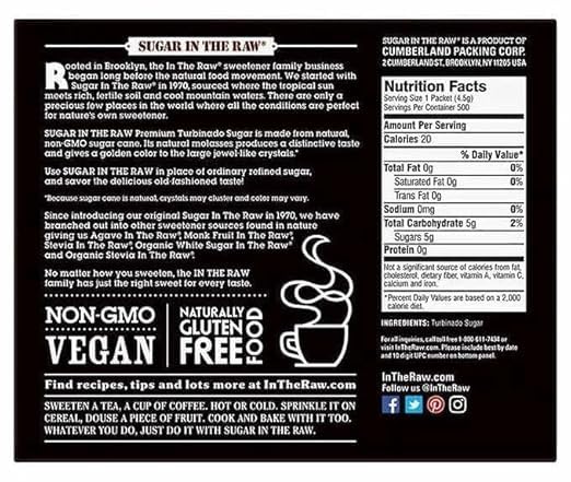 Sugar Packets, InThe Raw Sugar, 0.18 oz Packets, 500 per Carton