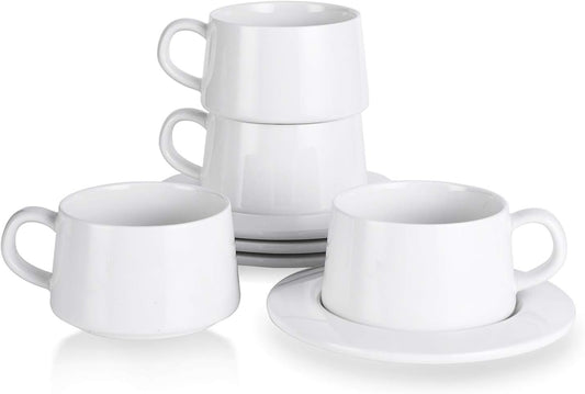 Kanwone Porcelain Stackable Cappuccino Cups with Saucers - 8 Ounce for Specialty Coffee Drinks, Cappuccino, Latte, Americano