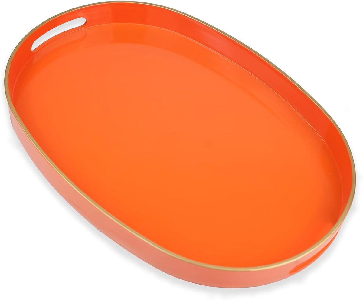 Orange Oval Decorative Tray with Handles, Versatile Serving Tray for Coffee Table, Ottoman, Ideal for Serving, Displaying, Organizing | Versatile Serving Tray for Displaying, Organizing, 15.3*10.6"*1.37"