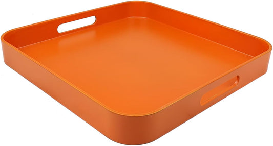 Square Orange Decorative Serving Tray with Handles, Versatile Ottoman Tray for Coffee Table, Entertaining, Outdoor Patio,