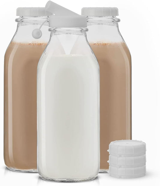 JoyJolt Glass Milk Bottles with Lids and Pourer – 32 Oz, 3 Pack Airtight Heavy Duty Reusable Glass Bottles, Leakproof,
