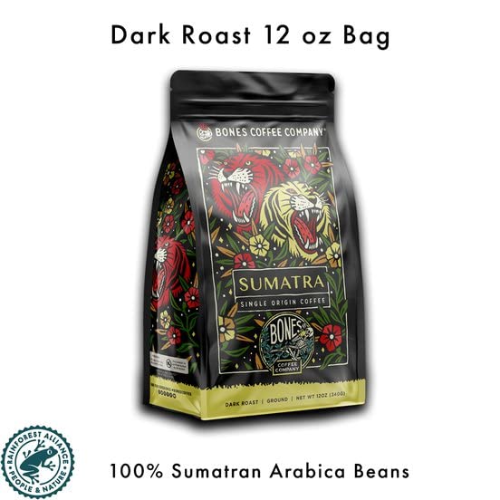 Bones Coffee Company Sumatra Single-Origin, Dark Chocolate, Smoky Earthy Notes, Whole Coffee Beans, Low Acid Darl Roast Arabica Beans Flavored Coffee, 12 oz Whole Bean