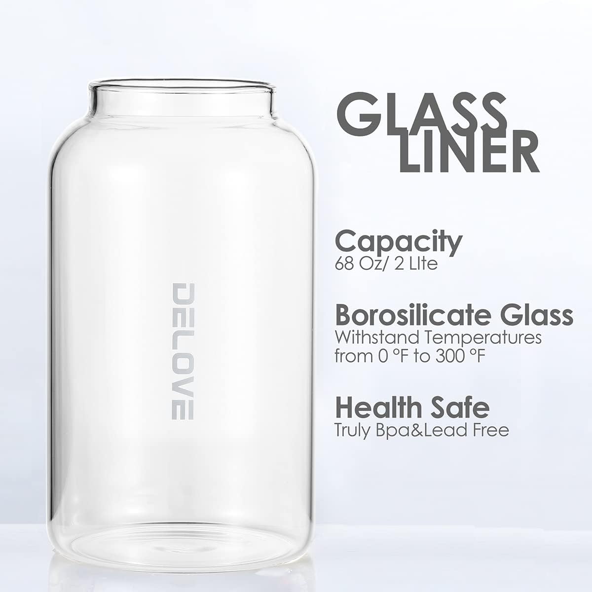 Delove 68 oz/2 Liter Glass Pitcher with Shatterproof Shell - Heat Resistant Glass Liner - Stainless Steel Lid - Carafe &amp; Jug for Iced Tea,Hot/Cold Water,Homemade Juice Beverages (Black)