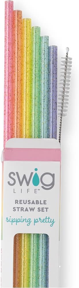 Swig Life Reusable Straw Set with Cleaning Brush, Rainbow Glitter | Reusable Straw Set - Cleaning Brush Included - 14 Inch Long - Accessories for Cups &amp; Mugs