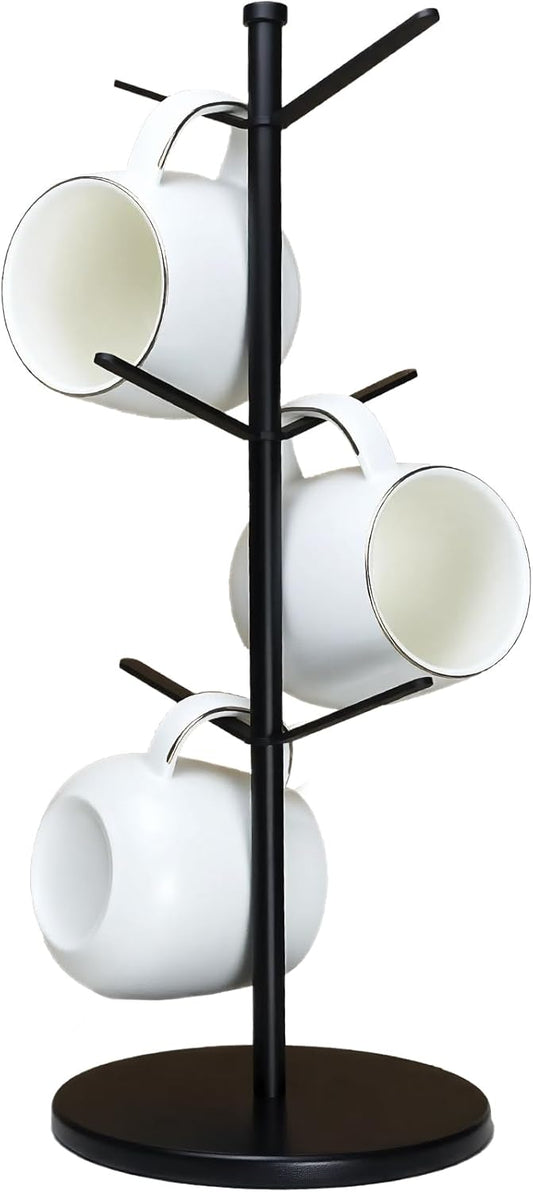 Premium Mug Tree, 6 Hooks Upgraded Stable Metal Mug Holder, Bamboo Base Coffee Mug Cup Rack for Counter Top, Mug Display,