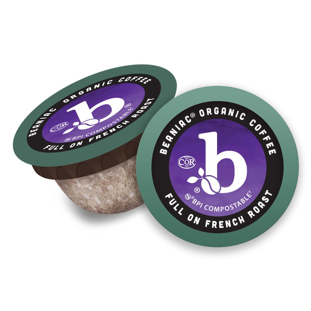 beaniac Organic Full On French Roast, Dark Roast, Single Serve Compostable K Cup Coffee Pods, Organic Arabica Coffee, Keurig Brewer Compatible