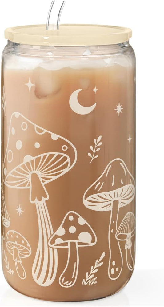 Mushroom 16oz Can Glass Tumbler with Acrylic Lid & Straw, Iced Coffee Cup for Women, Aesthetic Cups Gifts for Birthday