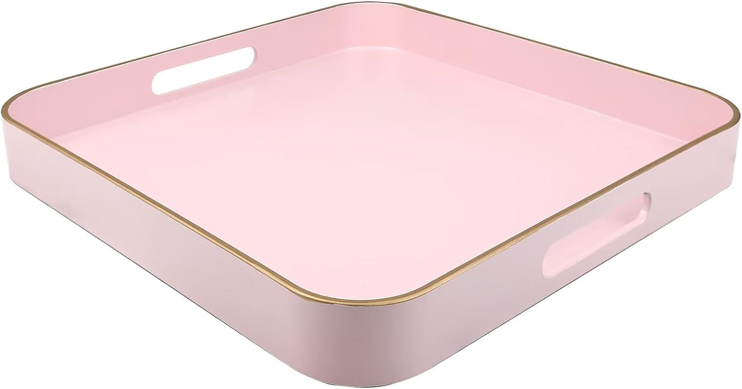 Pink Square Decorative Tray with Handles, 13"*13" Versatile Serving Tray for Coffee Table, Ottoman, 