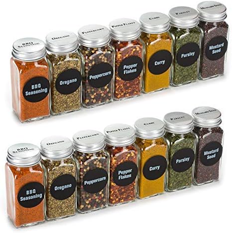6oz, BEST VALUE 14 Large Glass Spice Jars includes pre-printed 126 Chalkboard Spice Labels plus 113 PVC Clear Labels. 14