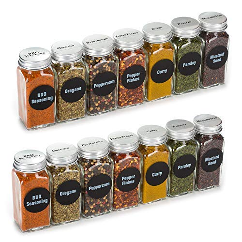 6oz, Best Value 14 Large Glass Spice Jars includes pre-printed 126 Chalkboard Spice Labels plus 113 PVC Clear Labels. 14 Square Empty Jars