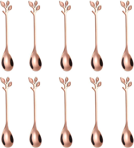 AnSaw Elegant Rose Gold Leaf Coffee Spoons - 10-Piece, 4.7" Mini Stainless Steel Espresso & Dessert Tea Spoons, Perfect for