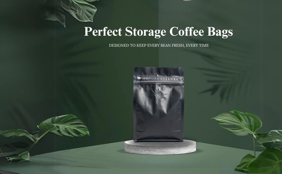 Premium Coffee Bags with Valve (50 pcs, 8 oz) Standing Coffee Beans Storage Bags, Reusable Heat Sealable Side Zipper Pouches, Eco-Friendly Packaging, Perfect for Home and Office - Black