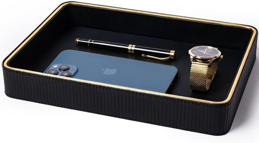 Black Leather Valet Tray for Men| Mens Valet Catch All Trays| Bedside Organizer for Nightstand| Cologne Tray for Men| Desk
