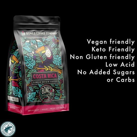 Bones Coffee Company Costa Rica Single-Origin, Cocoa, Nutty and Milk Chocolate Notes, Ground Coffee Beans, Low Acid Medium Roast Arabica Beans Flavored Coffee for Auto drip Coffee Maker, 12 oz Ground