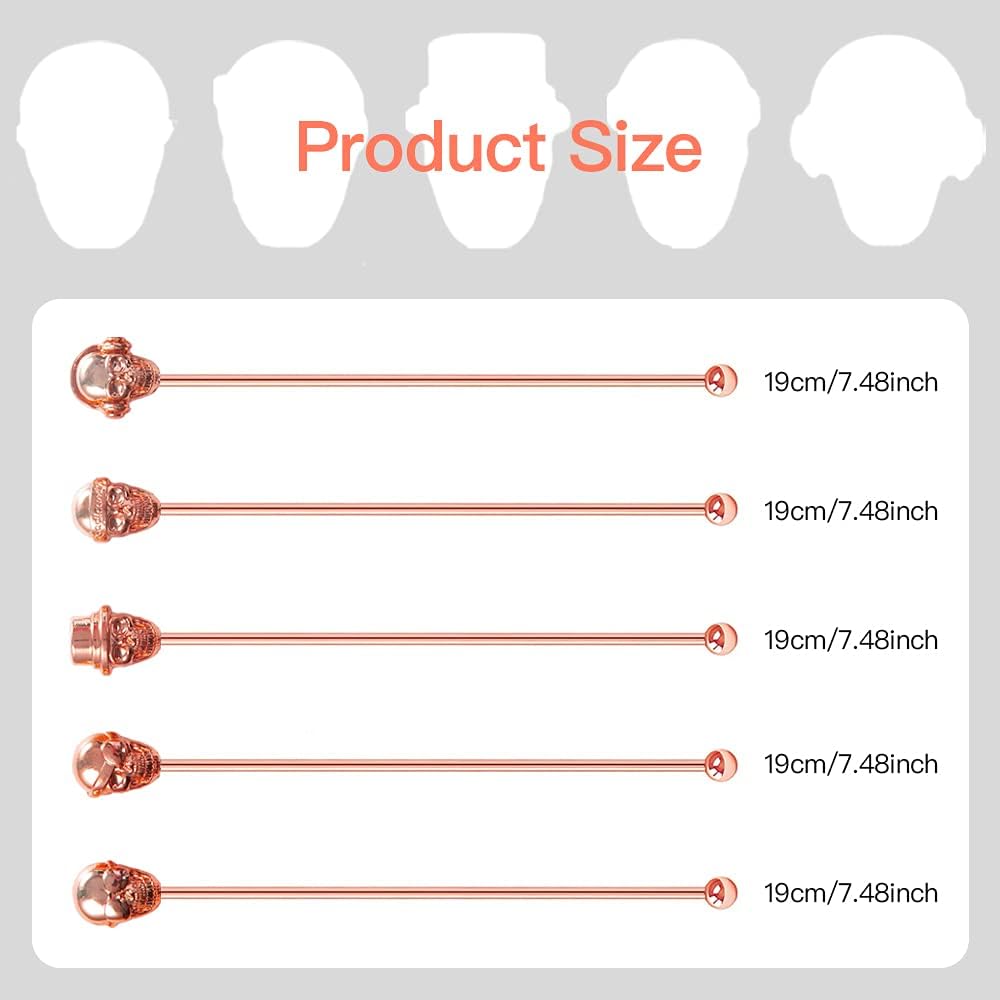 Skull Shape Swizzle Sticks, Reusable Stainless Steel Coffee Beverage Stirrers Cocktail, 5-Pack Drink Stir Sticks for Bar Party Home Office (Rose Gold)