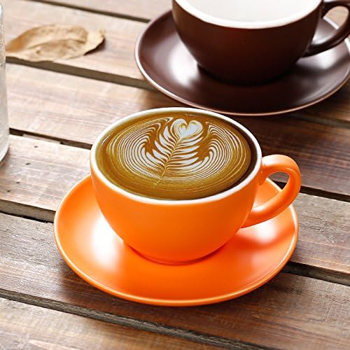 Ceramic Latte Art Cup and Saucer for Latte & Cappuccino, Mate for Coffee Shop and Barista (Matte Orange, 10.5 oz)