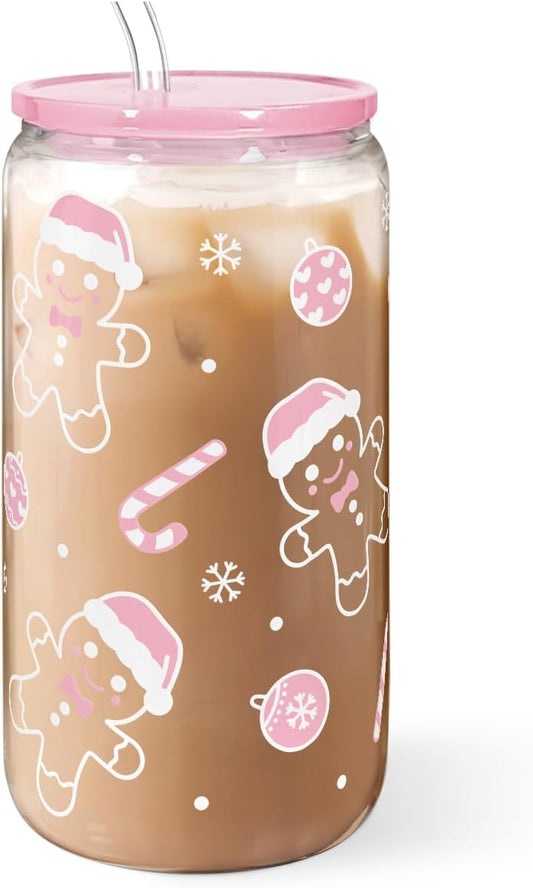 Christmas Gingerbread 16oz Can Glass Tumbler with Acrylic Lid & Straw, Iced Coffee Cup for Women Girls, Aesthetic Cups Gifts
