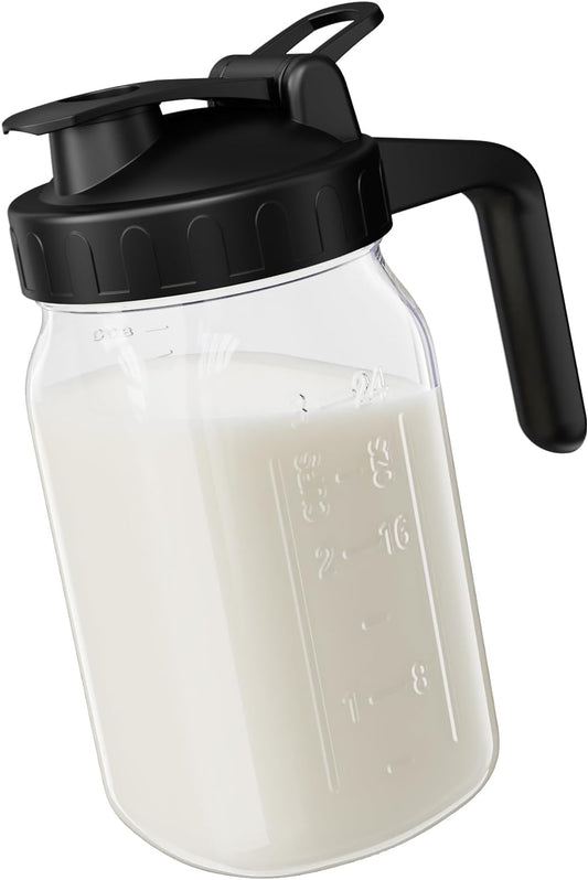 Breast Milk Pitcher Jug - 32 oz Glass Mason Jar Airtight Pitcher with Pour Spout Handle for Breastmilk, Iced Tea, Ice Drinks