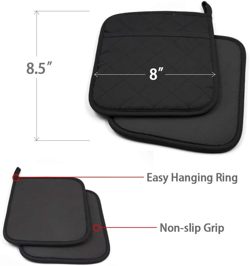 2Pcs Cotton and Neoprene Oven Pads Pot Holders with Pocket 8"x8.5" Dual-Function Hot Pad Set for Finger Hand Wrist Protection Heat Resistant to 428°F,Black