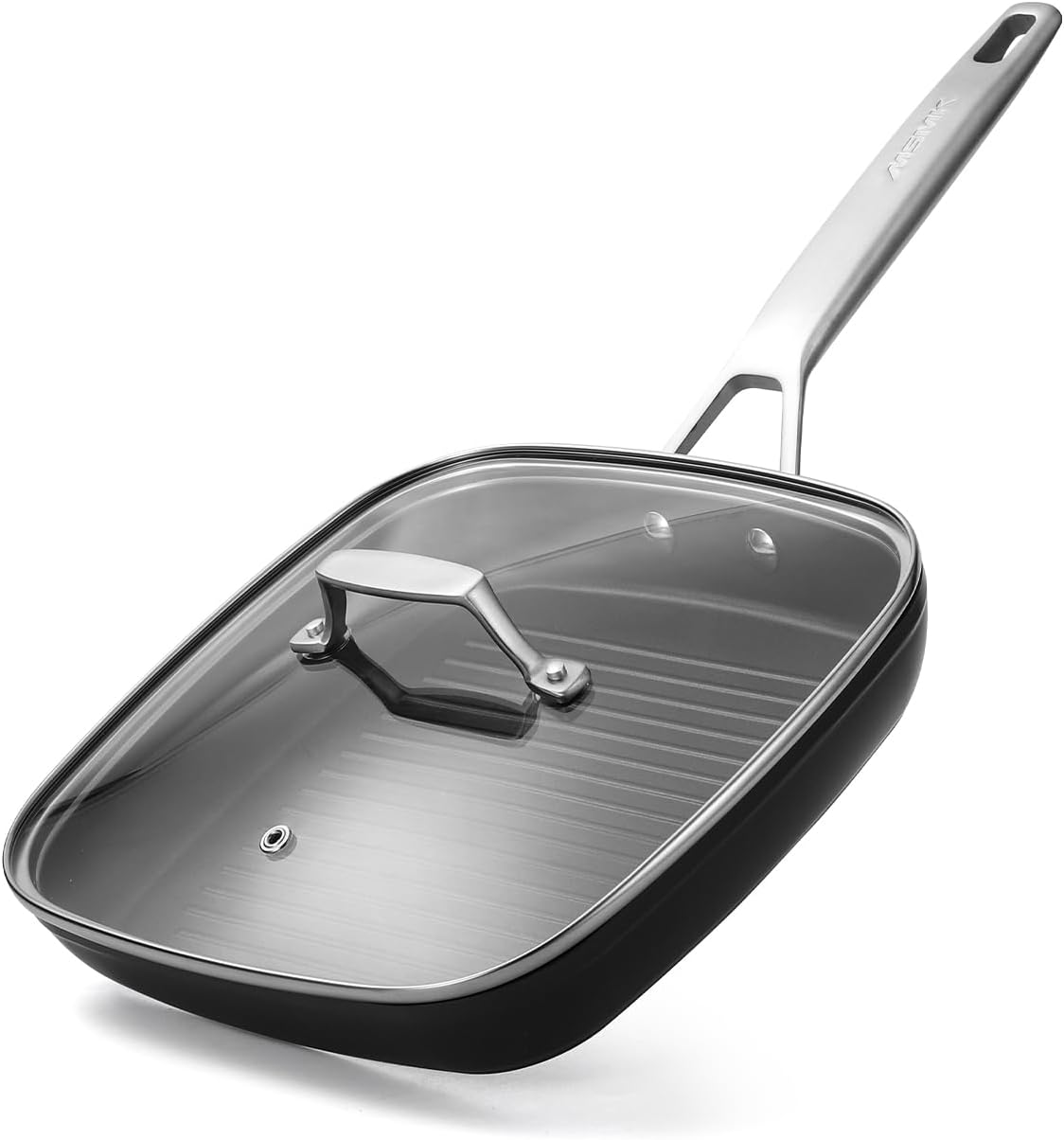 MsMk Square Grill Pan with lid, Stay-Cool Handle, Each Ridge Nonstick, Oven Safe Dishwasher Safe Induction Grill pans for Stove Tops, Square Frying Pan, Bacon Pan, Indoor Chicken Skillet, 11-Inch
