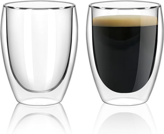 Glass Coffee Mugs Set of 2, Double Walled Clear Coffee Cups 12oz, Clear Latte Espresso Mugs for Milk Juice, Clear Glass