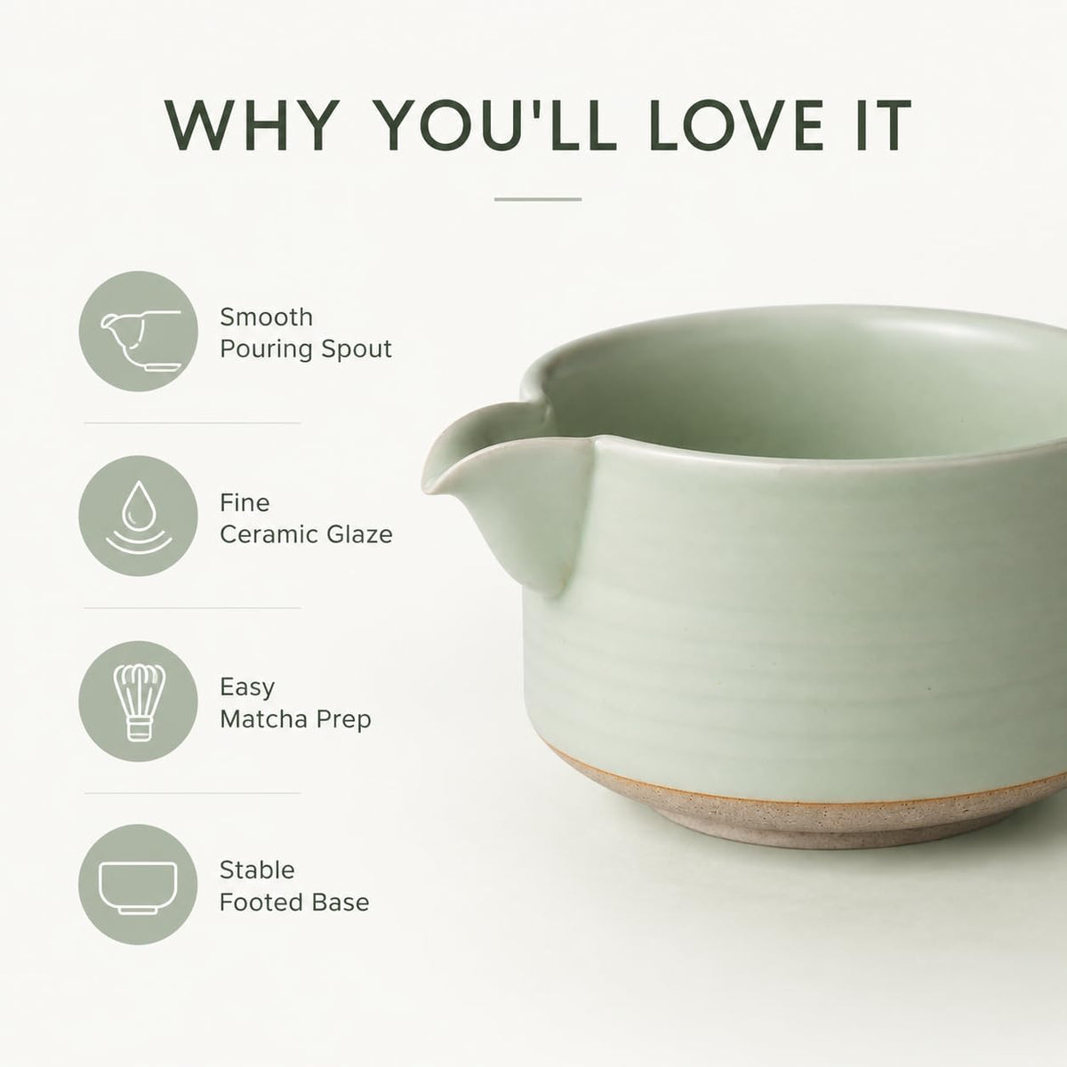 Matcha Traditional Porcelain Tea Bowl with Pour Spout - Hand Made Porcelain with Light Green Matte Glaze - Perfectly Whisked Matcha Green Tea, 430ml/ 14.5oz