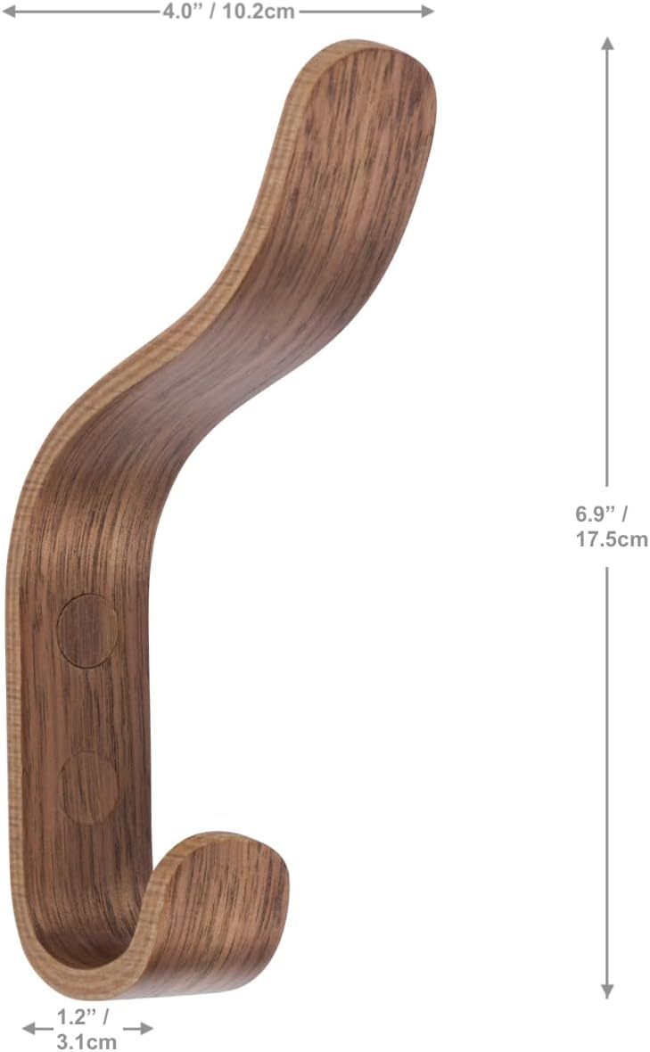 Plywood Wall Hooks Set of 4 Wood Coat Hooks Hanging Clothes Hats Robes Towels Wooden (Walnut)
