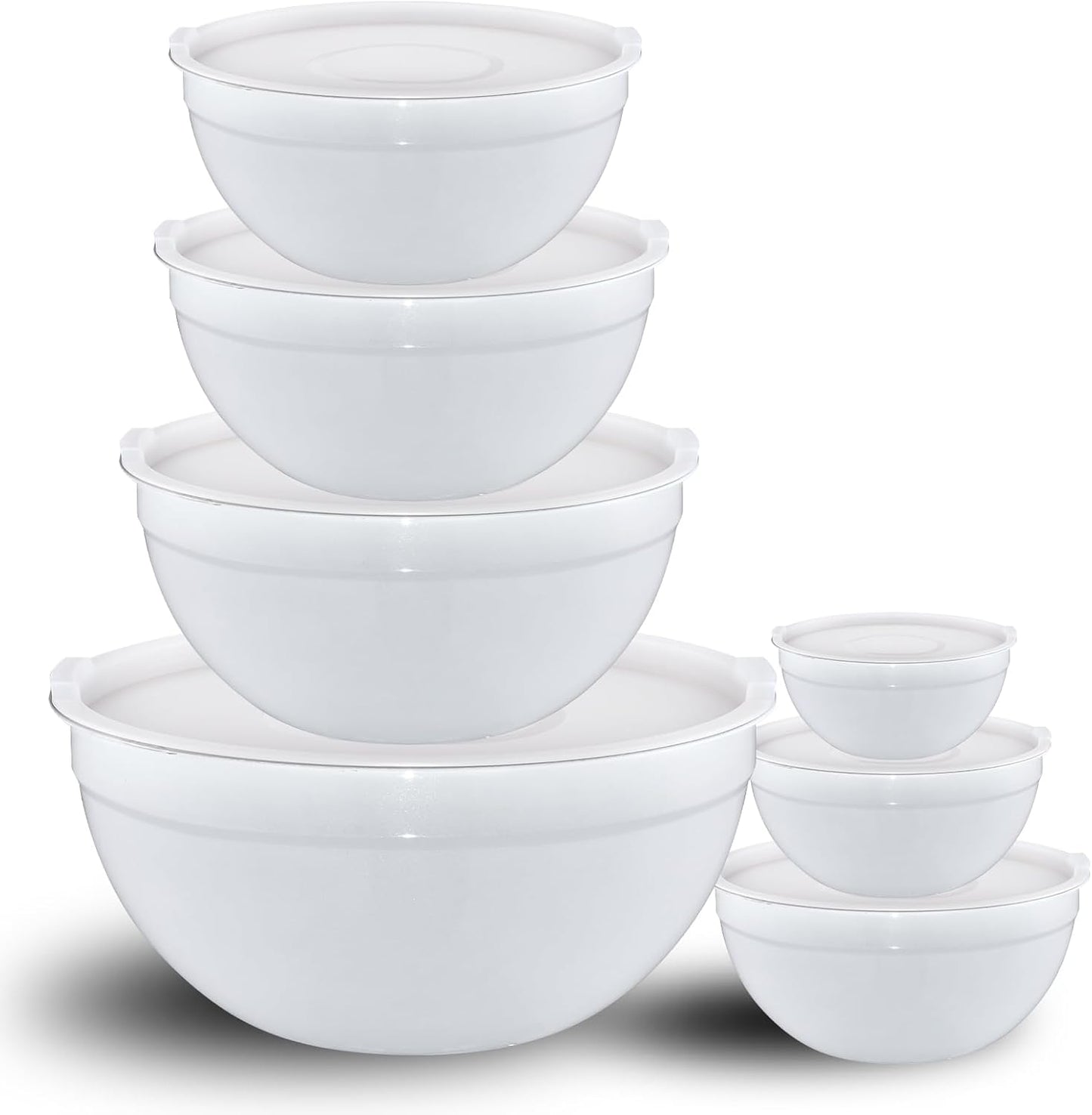 White Mixing Bowls with Lids Set of 7, Stainless Steel Nesting Bowl with Khaki Lid for Non-slip Mixi