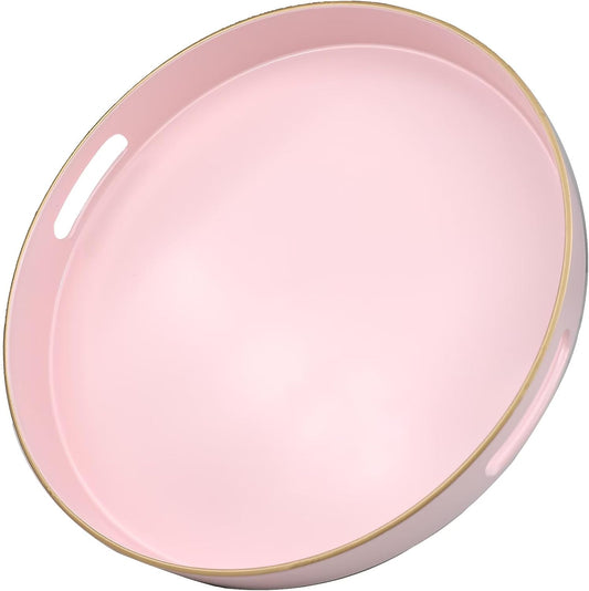 Pink Round Decorative Tray with Handles, 13" Versatile Serving Tray for Coffee Table, Ottoman, Ideal for Serving,