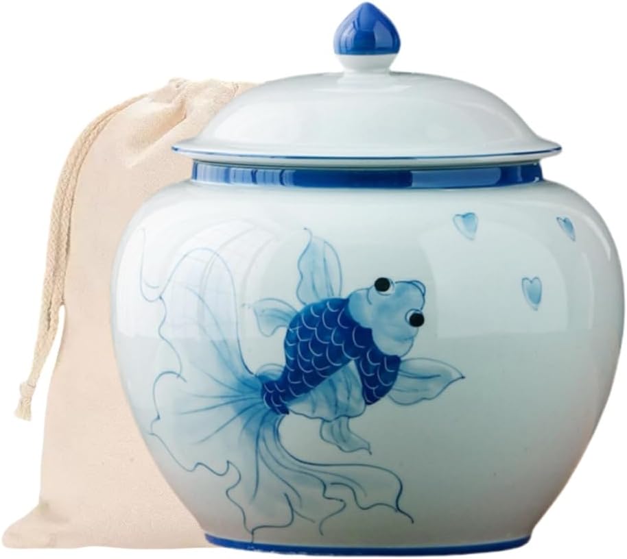 5 inches Ginger jar Lid - blue fish decorative Ceramic Ginger jar vase with Lid， chinoiserie gift ko