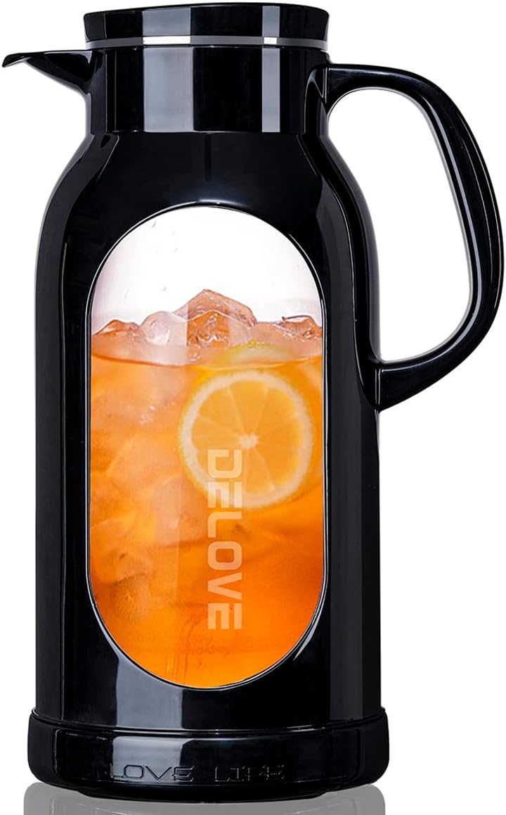 Delove 68 oz/2 Liter Glass Pitcher with Shatterproof Shell - Heat Resistant Glass Liner - Stainless Steel Lid - Carafe &amp; Jug for Iced Tea,Hot/Cold Water,Homemade Juice Beverages (Black)