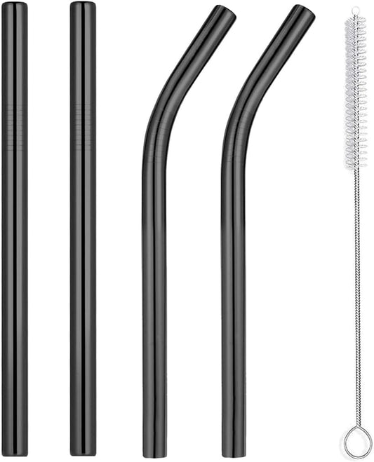 Vinaco Reusable Wide Mouth Straws - 8.5" & 10.5" Stainless Steel, Set of 4 with CleanerBrush, Black Metal Straws forThicker